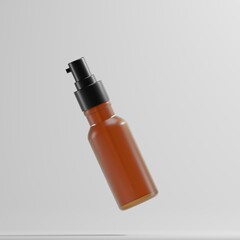 A tilted amber glass bottle with a black pump dispenser hovers against a light gray background. This simple, elegant design is ideal for showcasing high-end skincare or cosmetic products. 