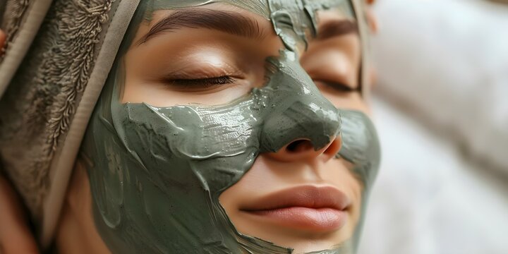 Closeup of woman receiving green clay facial treatment in spa salon. Concept Spa Treatment, Skincare Routine, Green Clay Mask, Wellness Experience, Facial Rejuvenation