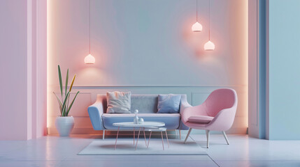 RGB ambient light room interior design with wall with molding colorful pastel furnitures and lights lamps hanging out of ceiling