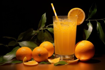 Fototapeta premium Glass of orange juice with a straw, surrounded by whole and sliced oranges and green leaves on a dark background