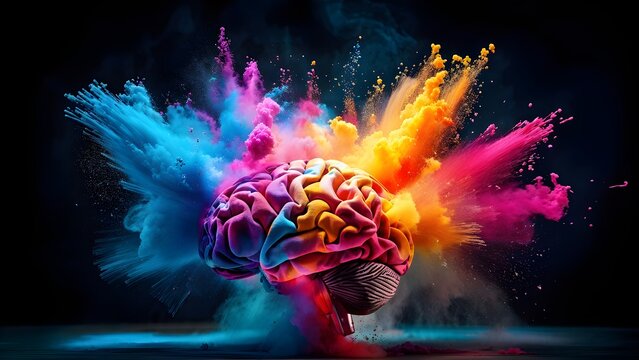 Vibrant human brain explosion digital art, multicolored, creative thought process. Brain exploding with knowledge and creativity. Generative AI