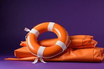 Vivid image displaying an orange lifebuoy and life jackets against a purple background