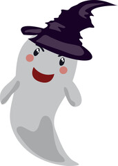 Ghost in witch hat vector illustration. Halloween scary and friendly character