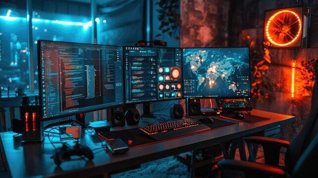 Desk setup with futuristic gadgets and digital screens
