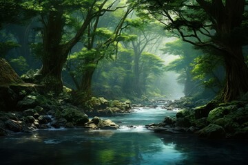 Mystical sunrise illuminates a serene stream winding through a lush, foggy forest