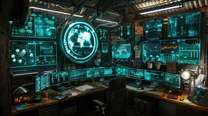 Desk setup with futuristic gadgets and digital screens