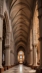 Fototapeta premium Gothic Catholic Cathedral Church Interior of a Hallway Vaulted High Ceiling Arches Religious Architecture 9:16