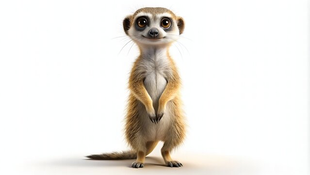 Adorable cartoon meerkat character standing upright on hind legs, gazing curiously, formed by simple lines and shapes, on a clean isolated white background.
