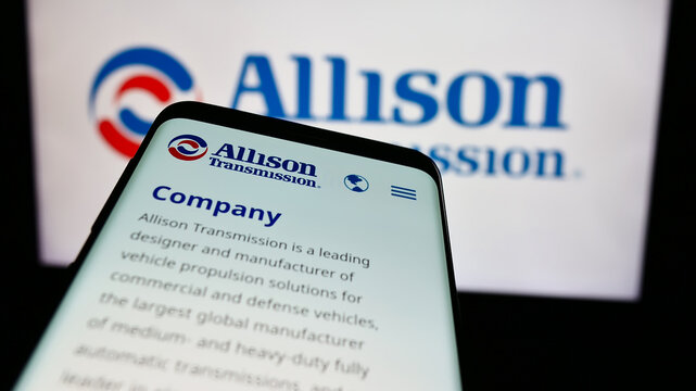 Stuttgart, Germany - 07-01-2024: Smartphone with website of US company Allison Transmission Holdings Inc. in front of business logo. Focus on top-left of phone display.