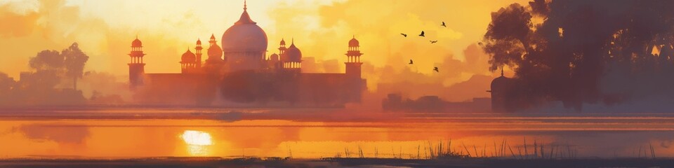 Fototapeta premium Indian temple postcard watercolor style illustration. Indian Independence Day concept. Indian landscape with city view.