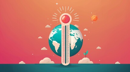 Global temperature rise, earth with thermometer, flat design illustration