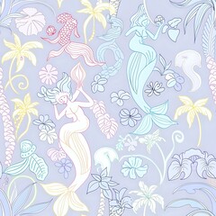 Whimsical Mermaid and Palm Tree Seamless Pattern