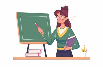 A vector illustration of a young female teacher holding a book and using a pointer to highlight information on a board in a classroom setting.
