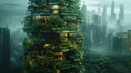 Obraz premium Futuristic eco-friendly skyscraper covered in vertical gardens, renewable energy sources, set in a lush urban jungle, no people, focus cover all object, deep dept of field