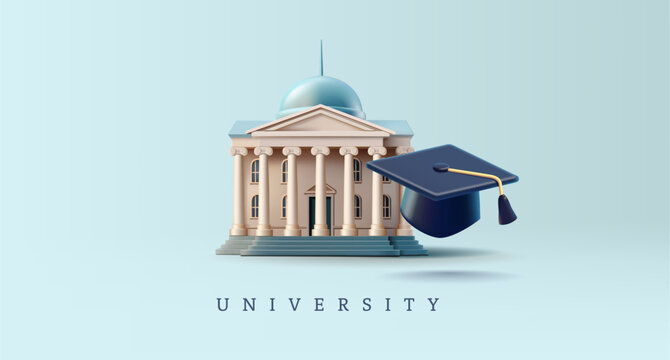 Realistic university building with graduate cap, 3D. For advertising and promotion of quality education at a university, academy, or college. Ancient architecture with columns. Vector