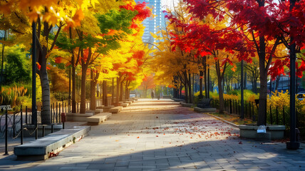紅葉したカラフルな木々が並ぶ歩道