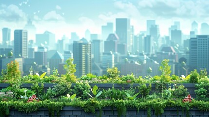 Green roofs in cityscape, urban agriculture, flat design illustration, focus cover all object, deep dept of field