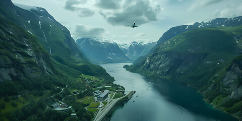 Avião Voando sobre uma Paisagem Pitoresca