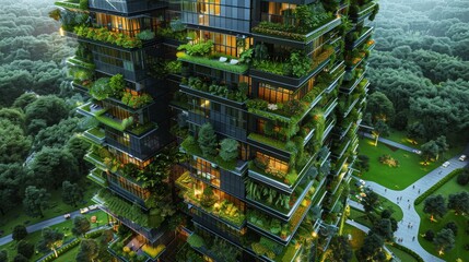 Obraz premium High-tech skyscraper with integrated plant life and solar panels, surrounded by green pathways and parkland, no people, focus cover all object, deep dept of field