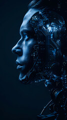 A minimalist dark blue and white portrait of a robot