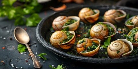 Traditional French dish of snails in shells filled with garlic butter. Concept Escargots à la Bourguignonne