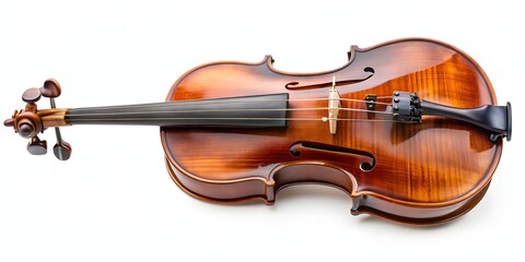 A beautifully crafted violin and sleek bow rest in perfect harmony, isolated on a pristine white background, showcasing the instrument's intricate details and elegance.
