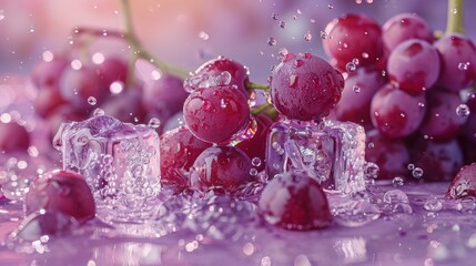 Close-up of red grapes with ice cubes and water droplets, set against a blurred purple background.