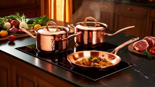copper cookware set with a luxurious design and exceptional heat conductivity, cooking up a storm.
