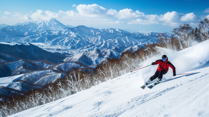 急斜面を滑る自信に満ちた日本人スキーヤー