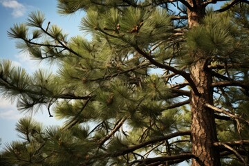 Obraz premium Serene view of towering pine branches with a backdrop of a clear sky