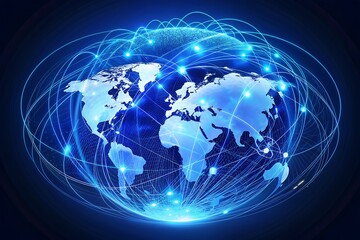 Naklejka premium Glowing blue digital world map with looping connections and swirling patterns, slowly rotating on a dark background, representing global connectivity and technology.