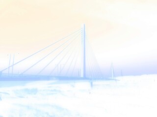 多摩川の橋の風景。府中四谷橋。イラスト風の写真。