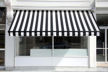 A black and white striped awning, shading a white storefront with no sign