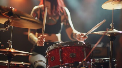 Naklejka premium Professional drum set closeup. Beautiful young tattooed woman drummer with drumsticks playing drums and cymbals, on the live music rock concert or in recording studio. Female drummer.