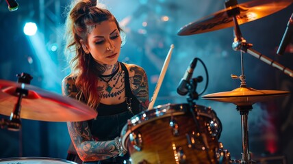 Professional drum set closeup. Beautiful young tattooed woman drummer with drumsticks playing drums and cymbals, on the live music rock concert or in recording studio. Female drummer.