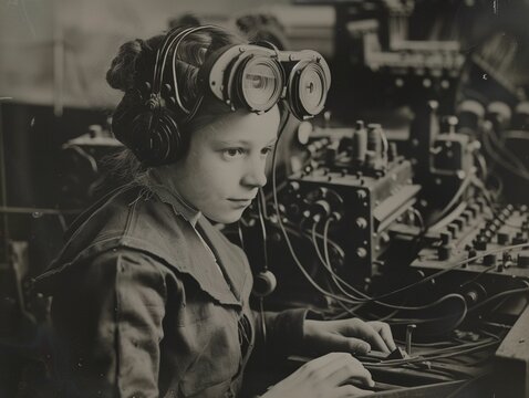AI generated illustration of a vintage photo of a young girl operating a telegraph machine