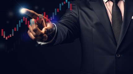 Businessman in a suit interacting with a digital stock market chart. Concept of finance, investment, and economic growth.