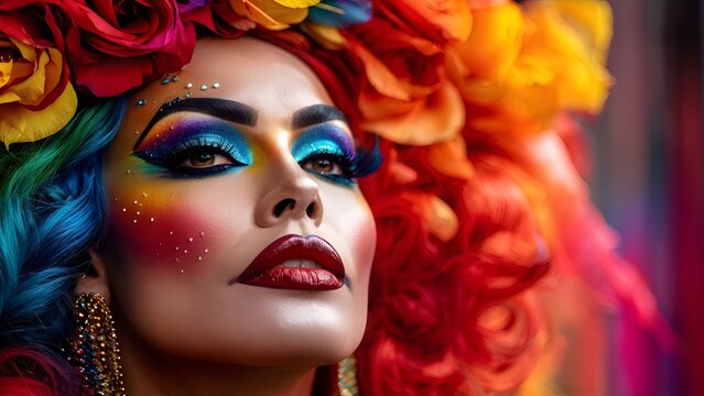 Elegant drag queen with colorful makeup in extravagant attire against vibrant floral background. Generative AI