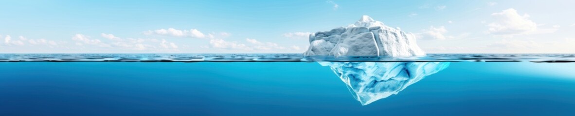 Obraz premium Panoramic view of a floating iceberg with underwater reflection, illustrating the concept of hidden depths and unseen potential.