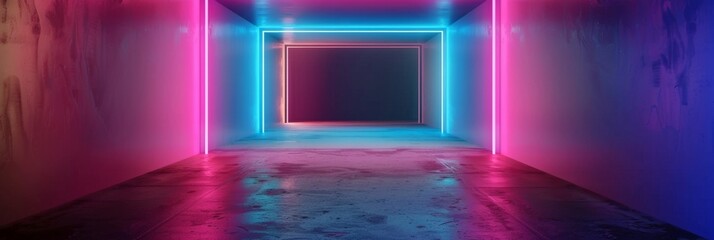 Futuristic Neon-Lit Corridor with Vibrant Pink and Blue Lights Casting Dynamic Shadows. Horizontal banner with copy space