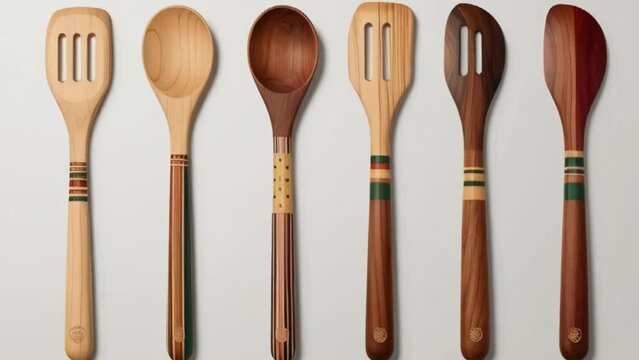 a set of wooden utensils like a spoon or spatula, with a unique and colorful design, made from a variety of different woods like maple, walnut, and cherry, and featuring a few decorative patterns like