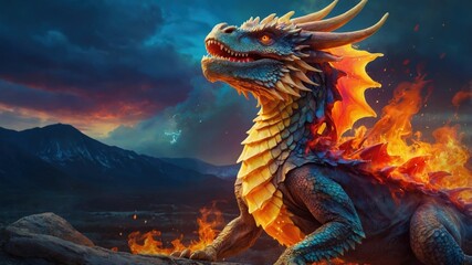A majestic fire-breathing dragon with vibrant scales and glowing eyes, set against a dramatic fiery landscape and mountainous background.
