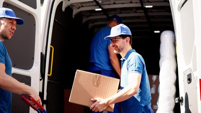 Busy Delivery Team Unloading Cardboard Boxes From Van On Urban Street
