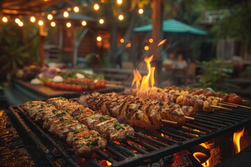 Grilled Chicken and Vegetables Cooking on a Charcoal Grill at an Outdoor Party