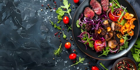 Naklejka premium Flexitarian diet emphasizes plantbased foods with occasional meat and fish. Concept Flexitarian Diet, Plant-based Foods, Meat and Fish, Healthy Eating, Balanced Nutrition