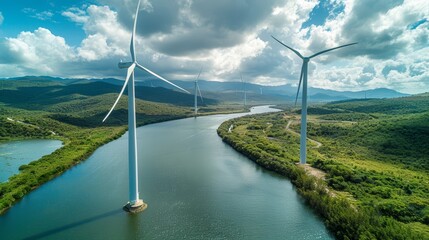 Fototapeta premium Majestic wind turbines on a serene river, surrounded by lush greenery and rolling hills, blue sky with fluffy clouds, sustainable energy concept