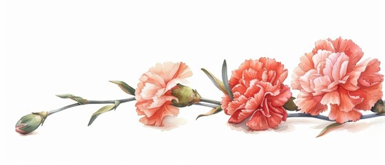 A bright watercolor illustration of carnations, capturing their ruffled petals and vibrant colors, isolate on white background with copy space