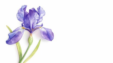 A bright watercolor rendering of an iris, showing its bold and striking purple petals, isolate on white background with copy space