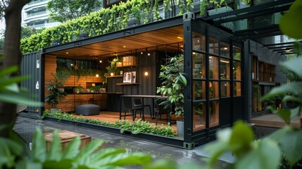 Fototapeta premium Minimalist office made from a recycled container box, featuring sustainable wooden and black metal elements, surrounded by greenery, focus cover all object, deep dept of field