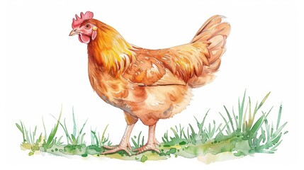Fototapeta premium A charming chicken portrayed in rich watercolor tones, pecking at the ground, isolate on white background with copy space